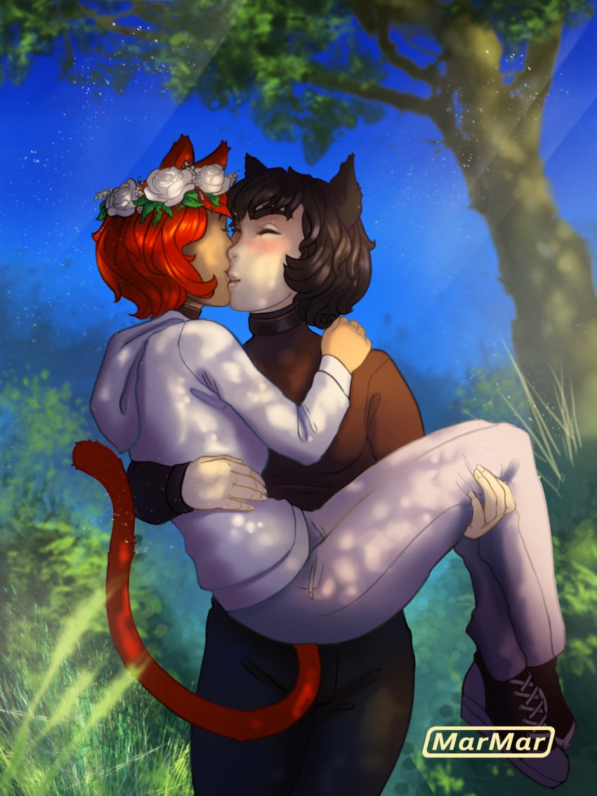 2girls black_hair carrying_partner cat_ears cat_girl cat_girls cat_tail choker closed_eyes clothed commission commissioner_upload feline_humanoid fiona_(foogee) flower_crown flowers_in_hair fully_clothed kissing marmar myrell_(foogee) outside red_hair sfw trees wholesome woods yuri