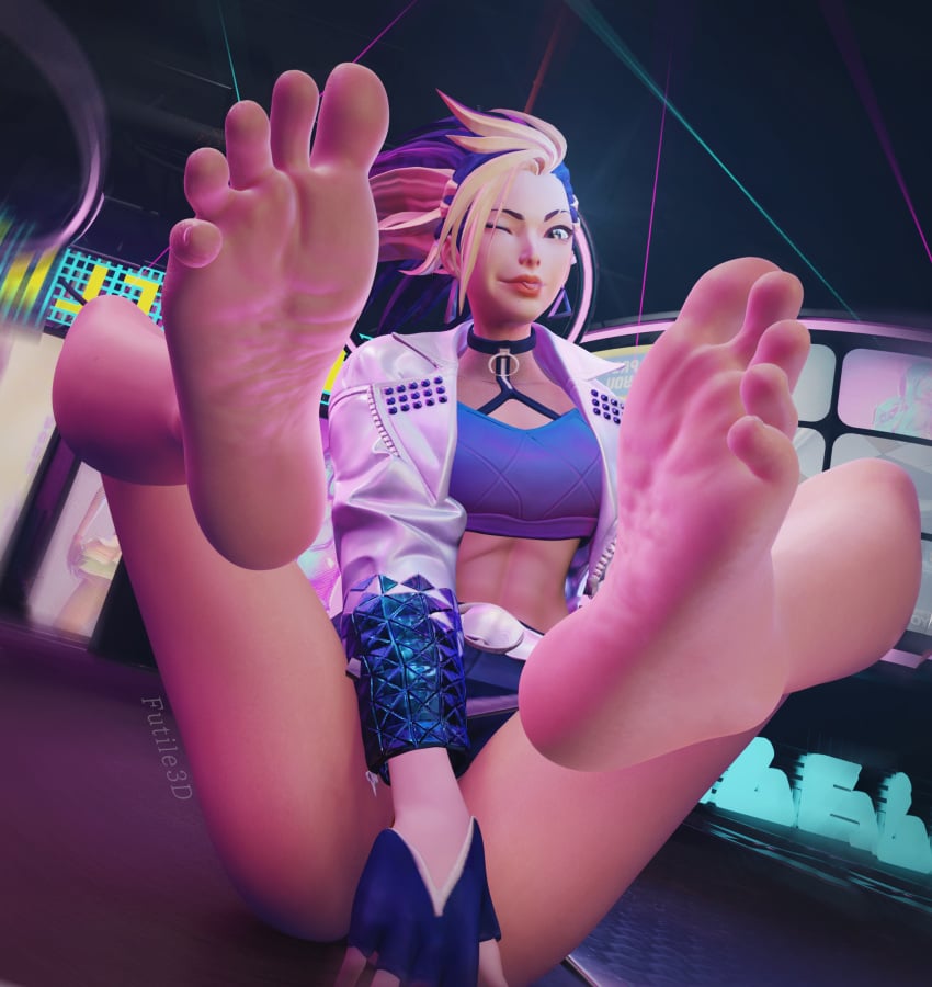 3d akali barefoot club feet foot_fetish foot_focus futile3d k/da_akali k/da_all_out_akali k/da_all_out_series k/da_series league_of_legends league_of_legends:_wild_rift neon neon_lights riot_games smirk soles toes tongue_out wink