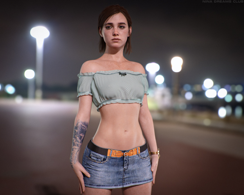 1girls 3d 3d_(artwork) abs absurd_res arm_tattoo bare_arms bare_midriff bare_shoulders bare_thighs belly belly_button belt brown_hair clothed clothed_female clothing collarbone crop_top ellie_(the_last_of_us) ellie_williams female female_focus female_only freckles fully_clothed jean_skirt looking_at_viewer midriff miniskirt naughty_dog night nina3dx nipple_bulge nipples_visible_through_clothing short_hair shoulders skirt small_breasts solo solo_female solo_focus sony_interactive_entertainment tattoo tattoo_on_arm tattooed_arm the_last_of_us the_last_of_us_2 tied_hair toned toned_female watch