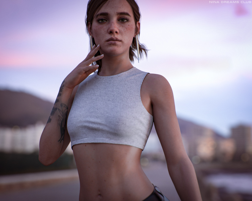 1girls 3d 3d_(artwork) abs absurd_res arm_tattoo athletic_female bare_arms bare_midriff bare_shoulders brown_hair crop_top earrings ellie_(the_last_of_us) ellie_williams female female_only freckles human looking_at_viewer midriff naughty_dog nina3dx realistic short_hair small_breasts solo solo_female sony_interactive_entertainment tattoo tattoo_on_arm tattooed_arm the_last_of_us the_last_of_us_2 tied_hair toned toned_female upper_body