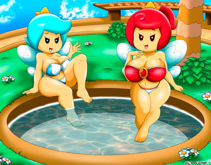 2girls barefoot big_breasts big_thighs bikini bra breasts brooch chaosknight_1 cleavage crown curvy_figure cyan_sprixie_princess duo fairy female female_only light-blue_sprixie_princess light-skinned_female light_blue_hair light_skin looking_at_viewer mario_(series) nintendo open_mouth panties png red_hair red_sprixie_princess seductive seductive_smile shortstack sprixie_princess strapless_bikini super_mario_3d_world thick thick_hips thick_thighs water wide_hips wings