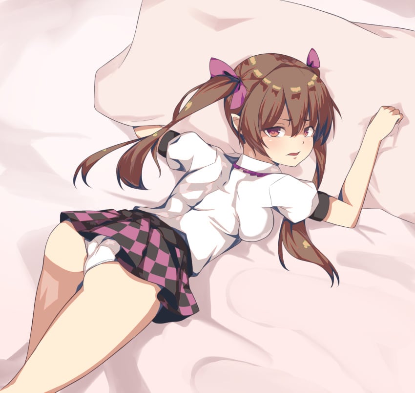 1girls 2018 ass bed bow brown_eyes brown_hair disgusted hairbow hatate_himekaidou looking_at_viewer looking_back panties skirt tagme thighs touhou twintails upskirt velox_s white_panties