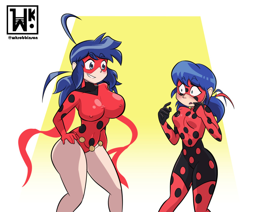 2girls alternate_costume blue_eyes blue_hair blush bodysuit counterpart erect_nipples female ladybug_(character) marinette_cheng marinette_cheng_(pv) marinette_dupain-cheng marinette_dupain-cheng_(pv) miraculous_ladybug png skin_tight standing superheroine time_paradox wkrobbinson