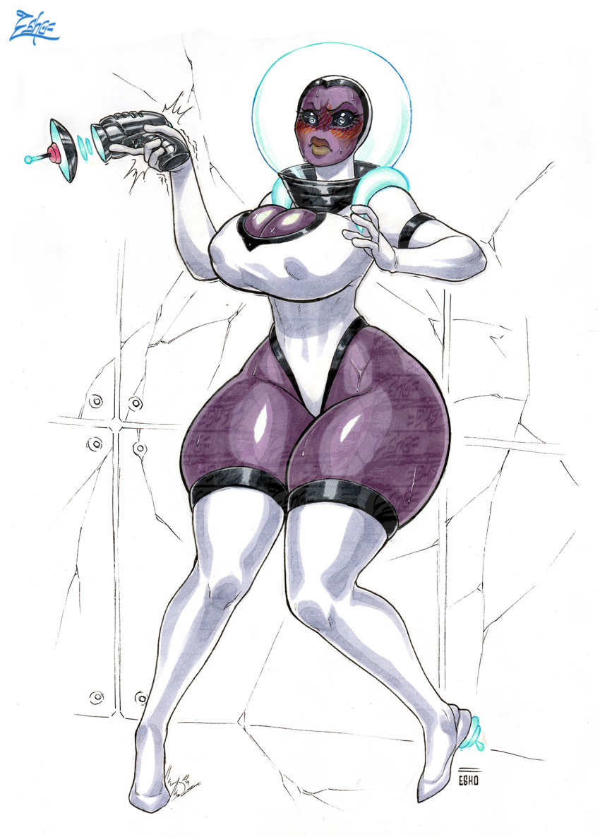 1girls alien alien_girl blush cleavage cracked_wall esho female heart high_heels huge_breasts muffin_top purple_skin ray_gun spacesuit thick_thighs