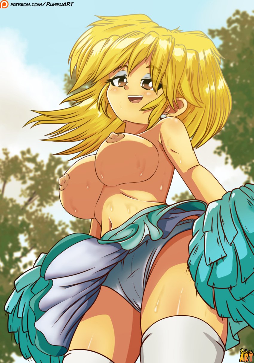 1girls artist_name big_breasts blonde_hair blonde_hair_female breasts brown_eyes brown_eyes_female cheerleader female female_only lori_loud nipples no_bra panties pom_poms public_topless ruhisuart shirtless_(female) short_blonde_hair short_hair solo solo_female teeth the_loud_house three-quarter_portrait topless upskirt