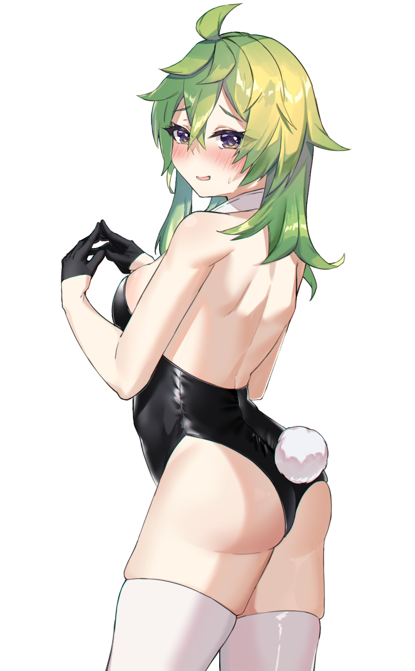 ahoge alternate_costume ass bangs bare_arms bare_back bare_shoulders black_gloves black_leotard blush breasts collei_(genshin_impact) commentary cowboy_shot envel203 female genshin_impact gloves green_hair hair_between_eyes highres leotard long_hair looking_at_viewer medium_breasts own_hands_together purple_eyes simple_background skindentation solo standing steepled_fingers strapless strapless_leotard thighhighs thighs white_background white_thighhighs