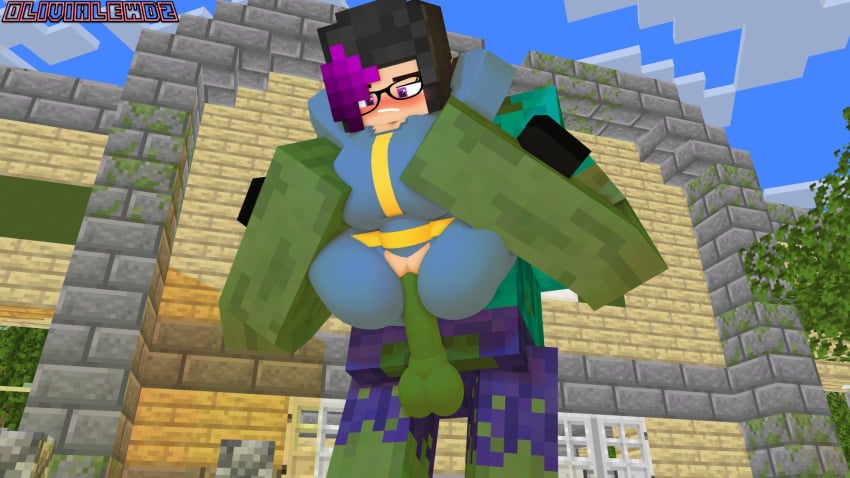 3d crossover fallout mine-imator minecraft olivia_(olivialewdz) olivialewdz ripped_clothing stomach_bulge tagme vault_suit