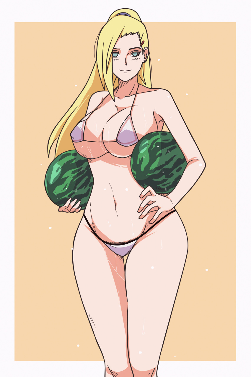 1female 1girls 1woman big_breasts blonde_female blonde_hair blonde_hair_female blue_eyes blush blush_lines boruto:_naruto_next_generations breasts busty cleavage feet_out_of_frame female female_only food fruit hair_over_one_eye holding_object hourglass_figure indrockz indy_riquez ino_yamanaka large_breasts legs_together long_hair looking_at_viewer milf naruto naruto_(series) ponytail revealing_swimsuit skimpy skimpy_bikini slim_waist small_bikini smile solo solo_focus swimsuit tied_hair very_long_hair voluptuous watermelon wide_hips yamanaka_ino