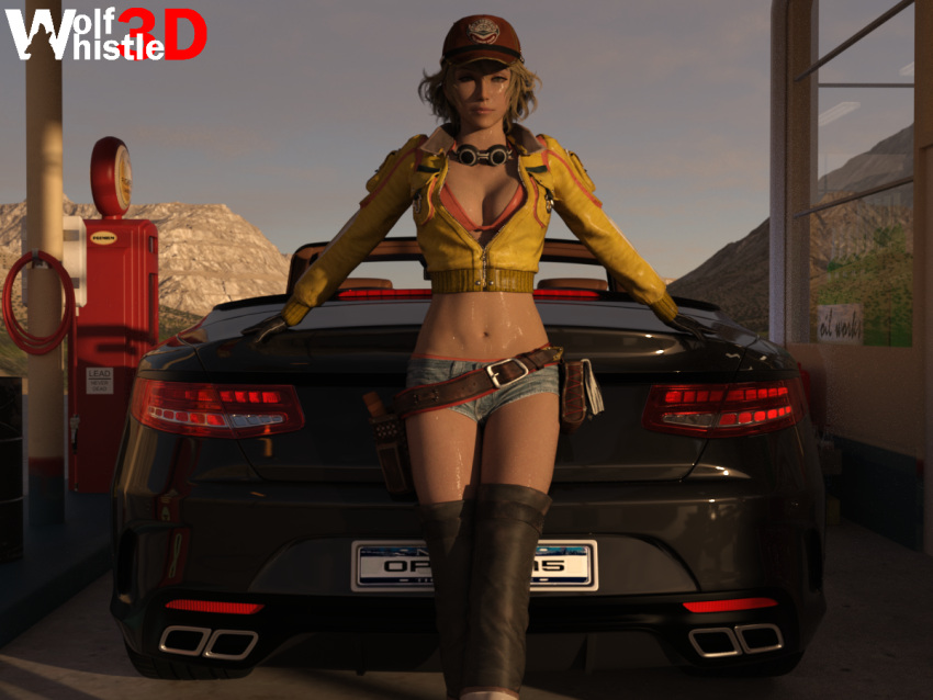 baseball_cap belt blonde_hair car cindy_aurum desert female_focus female_only final_fantasy final_fantasy_xv gas_station jean_shorts mercedes-benz shorts sweaty sweaty_body sweaty_thighs tomboy wolfwhistle3d