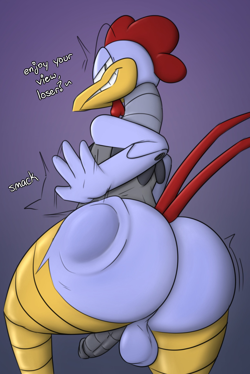 absurd_res adventures_of_sonic_the_hedgehog anthro ass avian balls bedroom_eyes big_butt bird butt_slap chicken chunknudies dialogue english_text galliform gallus_(genus) genitals hi_res looking_at_viewer looking_back looking_back_at_viewer machine male narrowed_eyes penis phasianid robot scratch_(adventures_of_sonic_the_hedgehog) scratch_(sonic) seductive sega slap solo sonic_(series) sonic_the_hedgehog_(series) talking_to_viewer text