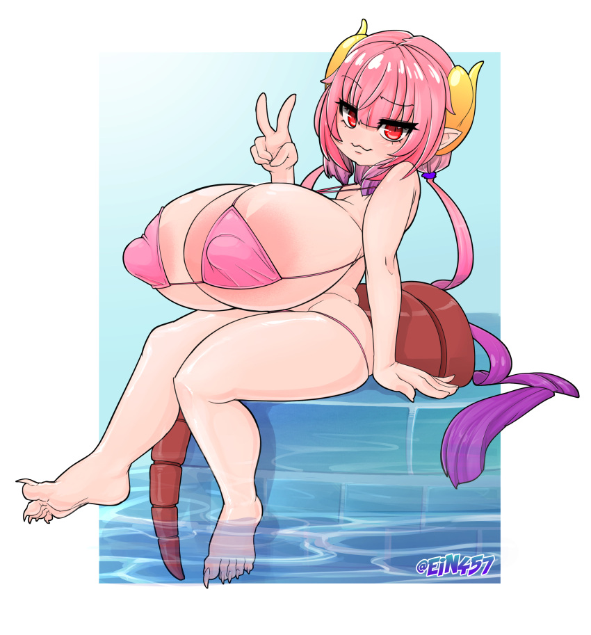 1girls areolae big_breasts bikini bimbo breasts ein457 eye_contact female female_only gigantic_breasts horns huge_breasts hyper_breasts ilulu_(dragon_maid) large_breasts looking_at_viewer massive_breasts miss_kobayashi's_dragon_maid monster_girl nipple_bulge red_eyes red_hair short_stack shortstack smaller_female solo