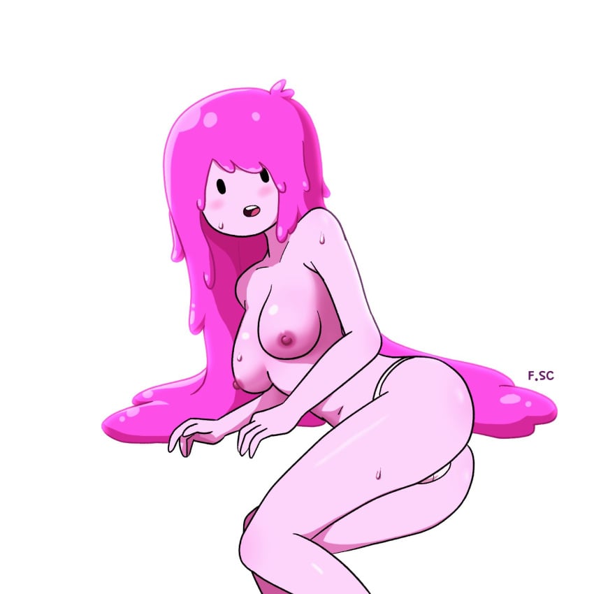 2022 adventure_time ass black_eyes blush breasts cartoon_network female female_only fizzyspidercider nipples panties pink_body pink_hair pink_skin princess_bubblegum sweat thong topless underwear