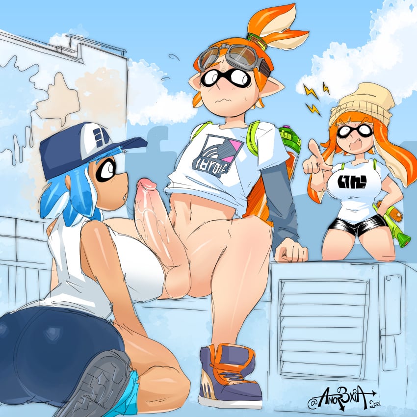 1boy 2girls 2girls1boy animal_humanoid anor3xia anthro ass big_ass big_breasts big_butt big_penis blowjob blush caught cephalopod cephalopod_humanoid clothed fat_ass fellatio female huge_breasts humanoid inkling inkling_boy inkling_girl john_(splatoon) kaori_(splatoon) large_ass large_breasts large_penis looking_at_penis male male/female mask_(marking) nintendo outside penis penis_awe penis_out plump_ass pointy_ears pseudo_hair public_exposure public_nudity saliva splatoon splatoon_(series) splattershot squid tentacle tentacle_hair