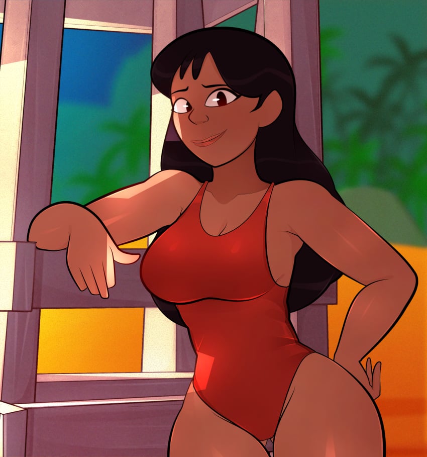 1girls 2d_(artwork) arkeus beack black_hair dark-skinned_female dark_skin disney female high_resolution human lilo_and_stitch long_hair nani_pelekai one-piece_swimsuit solo_female swimwear tagme