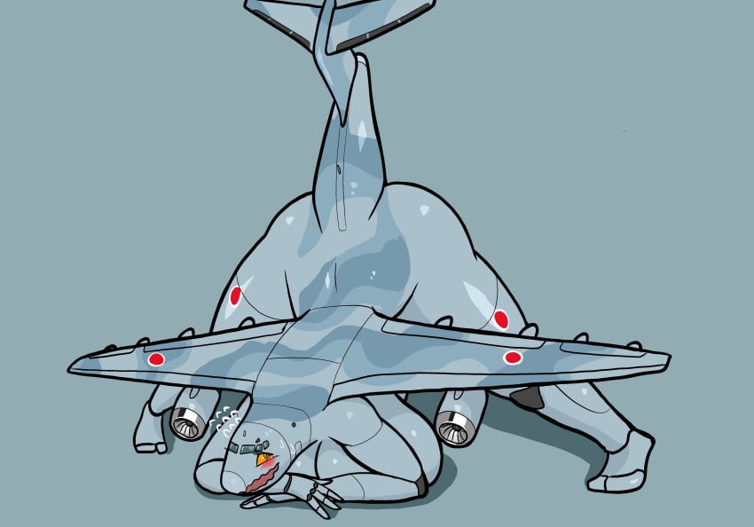 aeromorph aircraft animate_inanimate grey_body im51nn5 jack-o_pose japanese kawasaki_c-2 living_aircraft living_machine machine orange_eyes pinup simple_background vehicle