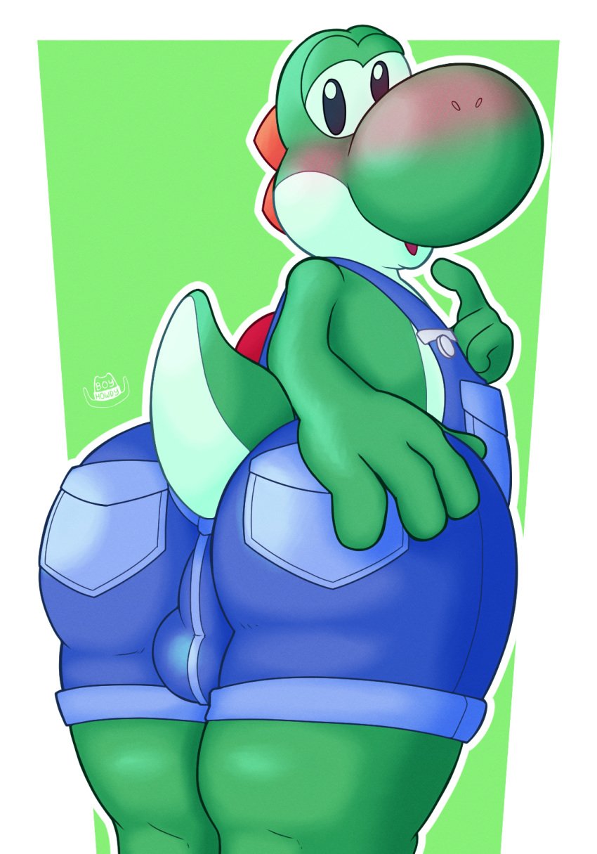 anthro ass balls big_butt blush boyhowdy bulge butt_grab clothing dinosaur femboy genitals hand_on_butt hi_res looking_at_viewer male male_only mario_(series) nintendo overalls rear_view reptile scalie shortalls solo thick_thighs video_games wide_hips yoshi yoshi_(character)