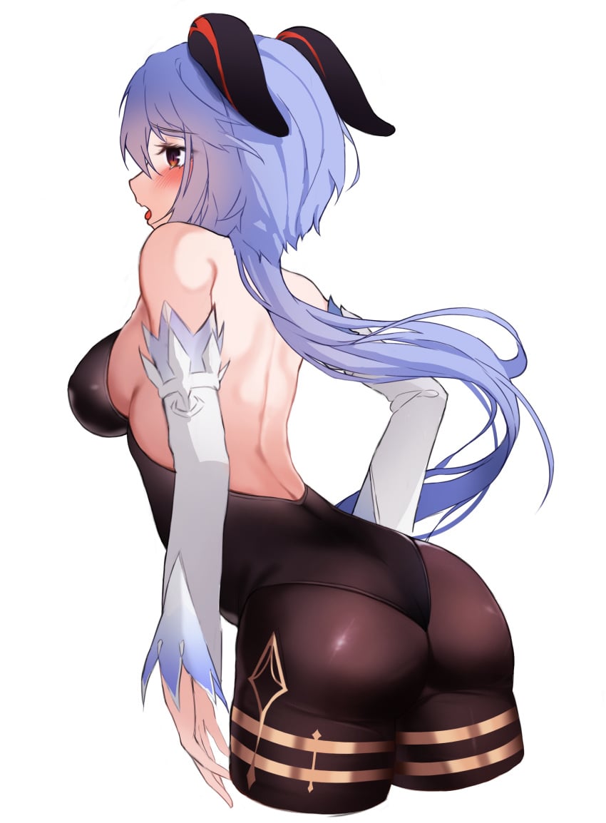 absurdres ahoge ass back backless_outfit bangs bare_back bare_shoulders black_leotard black_pantyhose blue_hair blush bodystocking bodysuit breasts chessy cropped_legs detached_sleeves female ganyu_(genshin_impact) genshin_impact highres horns leotard leotard_under_clothes long_hair long_sleeves looking_to_the_side low_ponytail median_furrow medium_breasts no_gloves pantyhose purple_eyes sideboob sidelocks simple_background solo thighlet tongue tongue_out white_background white_sleeves