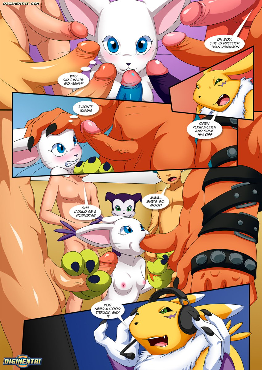 blowjob comic comic_page daisuke_motomiya dialogue digihentai digimon digimon_(species) digimon_adventure digimon_tamers dirty_gamers female gangbang gatomon guilmon henry_wong human impmon interspecies lee_jianliang leomon palcomix renamon takato_matsuki veemon veins veiny_penis