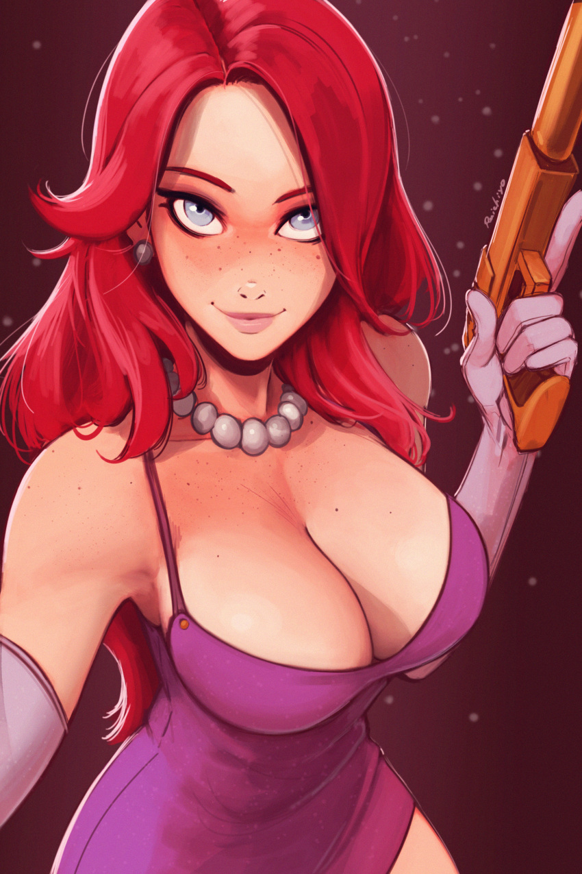 1girls big_breasts blue_eyes breasts cops_and_robbers_series female firearm freckles gun handgun hi_res human league_of_legends looking_at_viewer miss_fortune necklace neckwear pale_skin raichiyo33 red_hair riot_games secret_agent_miss_fortune suppressor tagme the_grind_series weapon