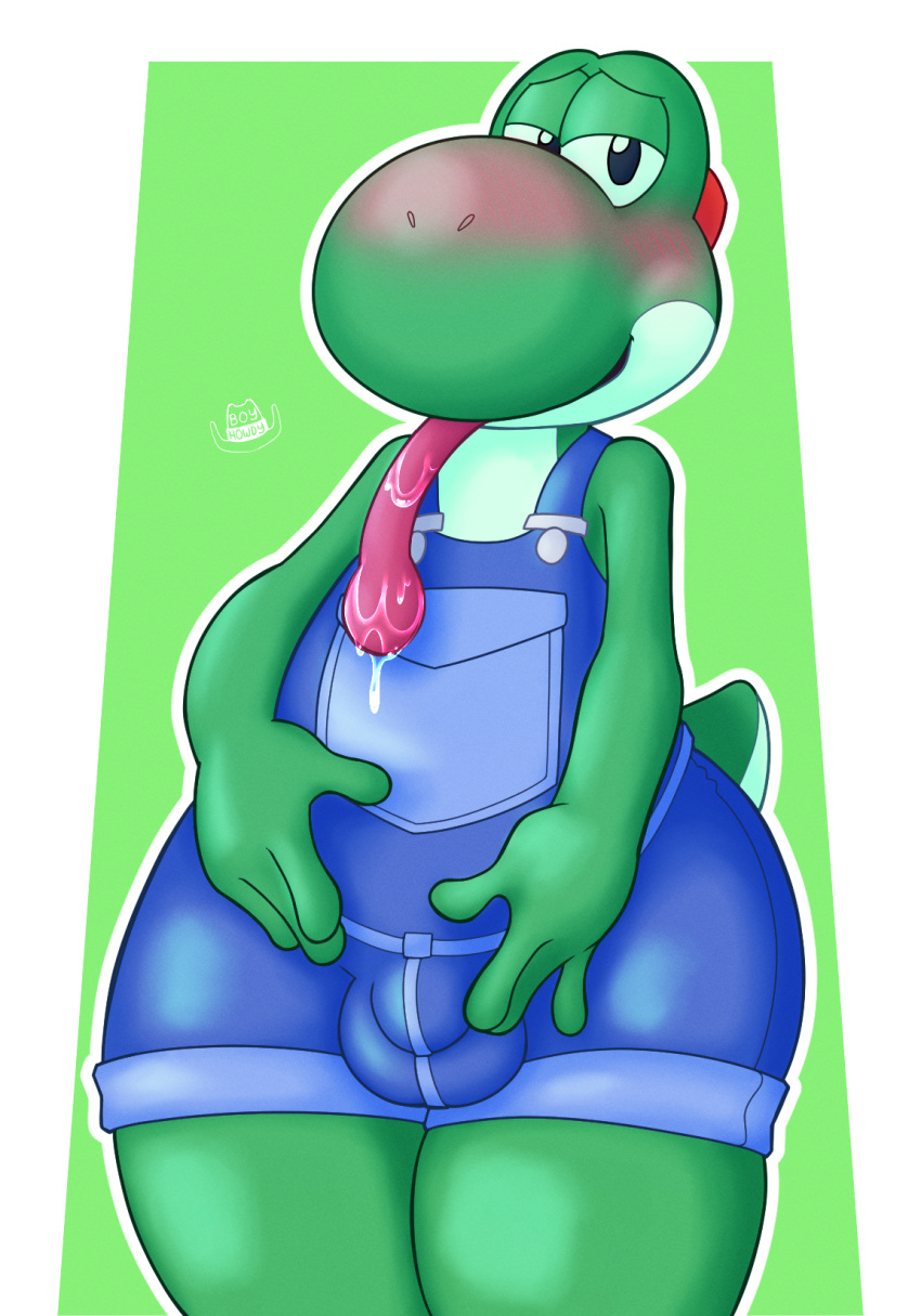 anthro ass balls big_butt blush bodily_fluids boyhowdy bulge clothing dinosaur drooling femboy fondling fondling_penis fondling_self genitals hi_res looking_at_viewer male male_only mario_(series) nintendo overalls reptile saliva scalie shortalls solo thick_thighs tongue tongue_out video_games wide_hips yoshi yoshi_(character)