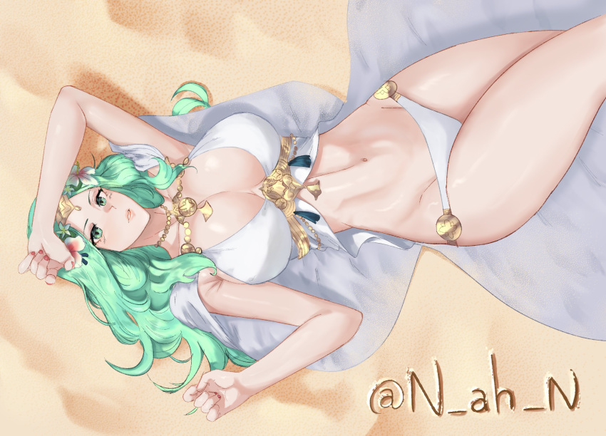 1girls alternate_costume beach bikini blush breasts cape cleavage female female_only fire_emblem fire_emblem:_three_houses fire_emblem_heroes flower green_eyes green_hair hair_flower hair_ornament highres large_breasts long_hair lying n_ah_n navel nintendo official_alternate_costume on_back rhea_(fire_emblem) rhea_(summer)_(fire_emblem) sand solo swimming swimsuit wavy_hair white_bikini white_swimsuit