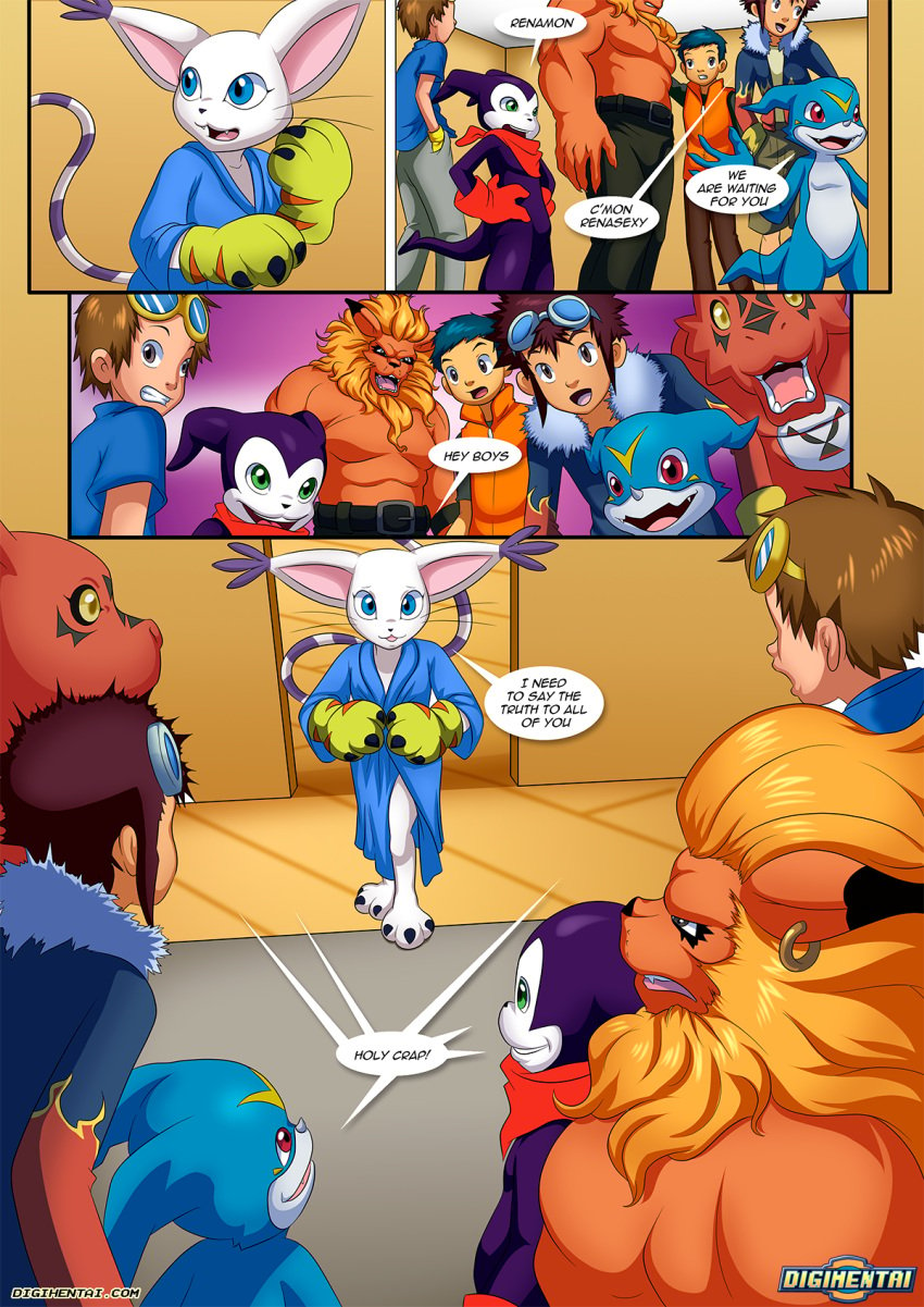 bathrobe comic comic_page daisuke_motomiya dialogue digihentai digimon digimon_(species) digimon_adventure digimon_tamers dirty_gamers female gangbang gatomon guilmon henry_wong human impmon lee_jianliang leomon palcomix renamon takato_matsuki veemon