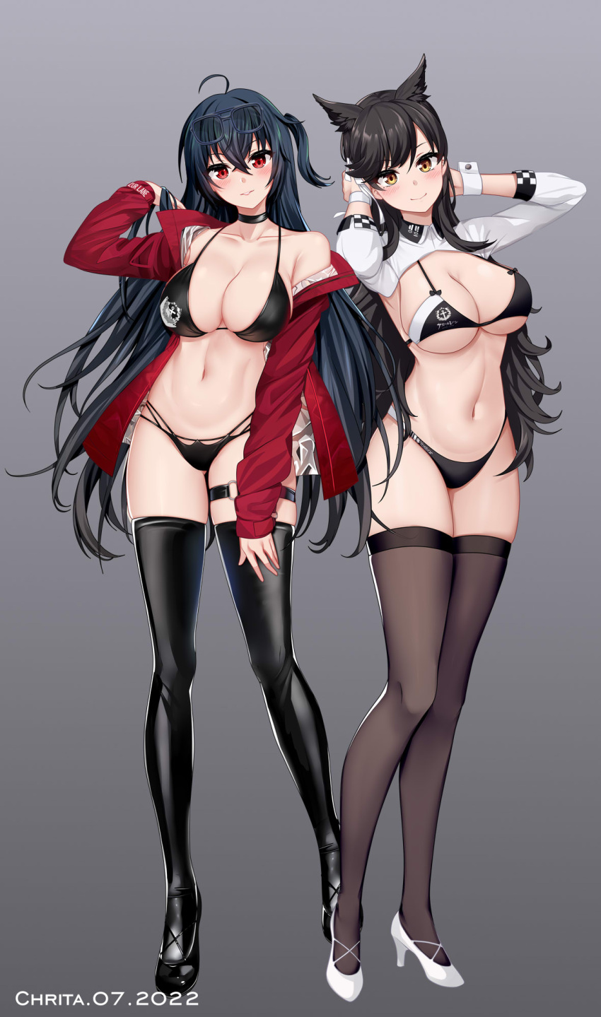 2girls ahoge animal_ears arms_up atago_(azur_lane) atago_(stunning_speedster)_(azur_lane) azur_lane bangs bikini black_bikini black_hair black_legwear blush bow bow_bikini breasts choker chrita cleavage crossed_bangs hair_between_eyes high_heels highleg highleg_bikini highres jacket large_breasts long_hair long_legs looking_at_viewer multi_ear multiple_girls navel off_shoulder official_alternate_costume one_side_up open_clothes open_jacket race_queen red_eyes red_jacket shrug_(clothing) simple_background sleeve_cuffs smile sunglasses sunglasses_on_head swimsuit tachi-e taihou_(azur_lane) taihou_(enraptured_companion)_(azur_lane) thigh_strap thighhighs two-tone_bikini wrist_cuffs yellow_eyes