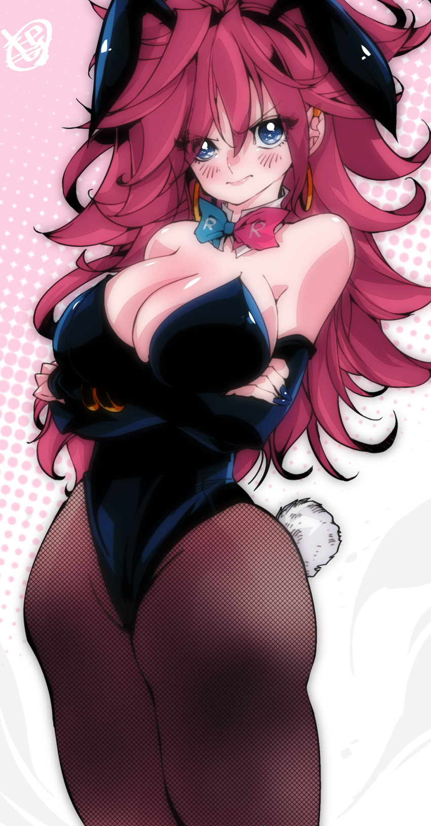 1girls android_21 android_21_(human) big_breasts blue_eyes blush breasts bunny_ears bunnysuit cleavage dragon_ball dragon_ball_fighterz embarrassed female kinakomochi_(user_vedc2333) omochi_db pointy_hair red_hair retro_artstyle skimpy solo standing tagme