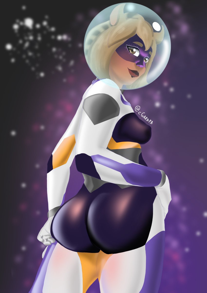 animal_ears ass astronaut astronauts big_ass bodysuit breasts brown_eyes brown_hair clothed from_behind helmet looking_at_viewer original original_character sky starry stars