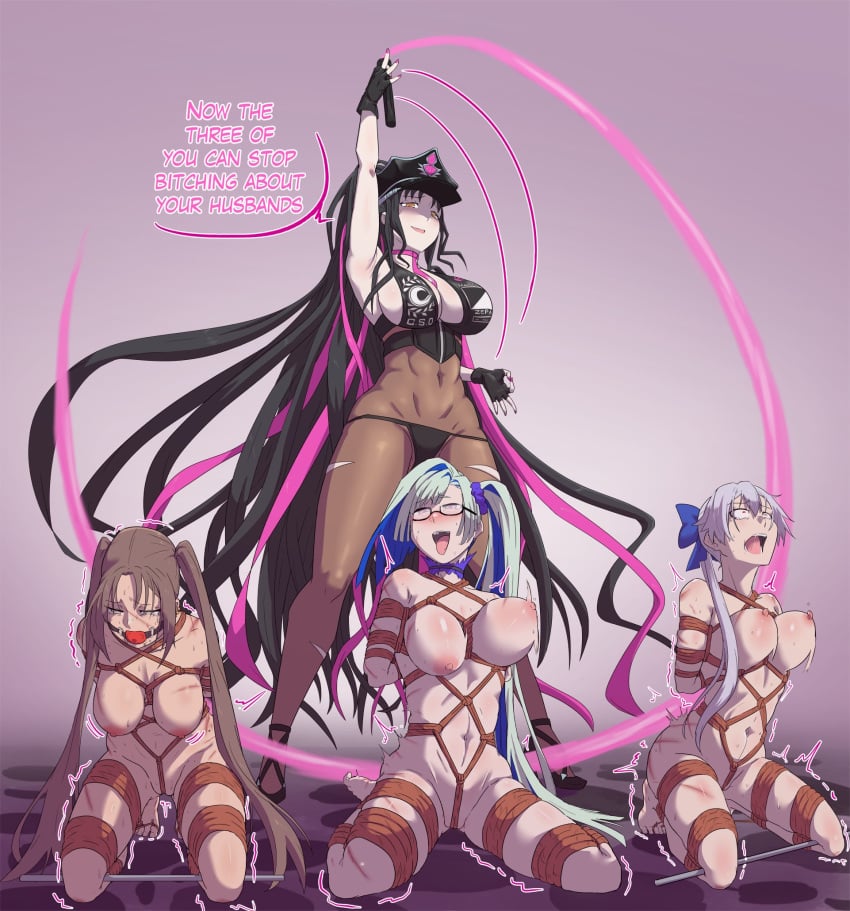 4girls ahe_gao angry_sub arms_behind_back athletic_female ball_gag bandages barefoot bondage bow breasts brown_hair brynhildr_(fate) brynhildr_(swimsuit_berserker)_(fate) brynhildr_(swimsuit_berserker)_(first_ascension)_(fate) dominatrix english_text fate/grand_order fate_(series) female femdom femsub fingerless_gloves fit_female gag glasses gloves hairbow happy_dom happy_female happy_sub hat highres holding_whip huge_breasts kneeling large_breasts lezdom lezsub looking_down looking_pleasured looking_up masochist multicolored_hair multiple_girls multiple_subs muscular_female nipples nude open_mouth pantyhose peaked_cap ponytail rope rope_bondage rope_harness sad_sub sadistic sesshouin_kiara sesshouin_kiara_(swimsuit_mooncancer) sesshouin_kiara_(swimsuit_mooncancer)_(fate) sesshouin_kiara_(swimsuit_mooncancer)_(second_ascension) side_ponytail smirking speech_bubble standing thin_female tied tied_up tomoe_gozen_(fate) tomoe_gozen_(swimsuit_saber)_(fate) tomoe_gozen_(swimsuit_saber)_(first_ascension)_(fate) trembling twintails two-tone_hair ukaya_masaru_mx unhappy_female very_long_hair whip whip_marks whipping white_hair yu_mei-ren_(fate) yu_mei-ren_(swimsuit_lancer) yuri