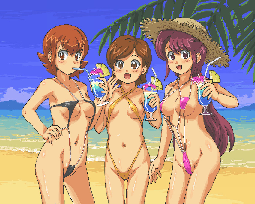 3girls beach big_breasts bikini breasts brown_eyes brown_hair busty cleavage drink drinking female female_only hand_on_hip highres ishida_yuki kasuga39 large_breasts legs looking_at_viewer low_ponytail medium_breasts multiple_girls navel ocean oekaki orange_eyes orange_hair pose power_pro_kun_pocket purple_eyes purple_hair shindou_asuka short_hair slingshot_swimsuit smile string_bikini swimsuit thighs underboob water yomichi_satomi