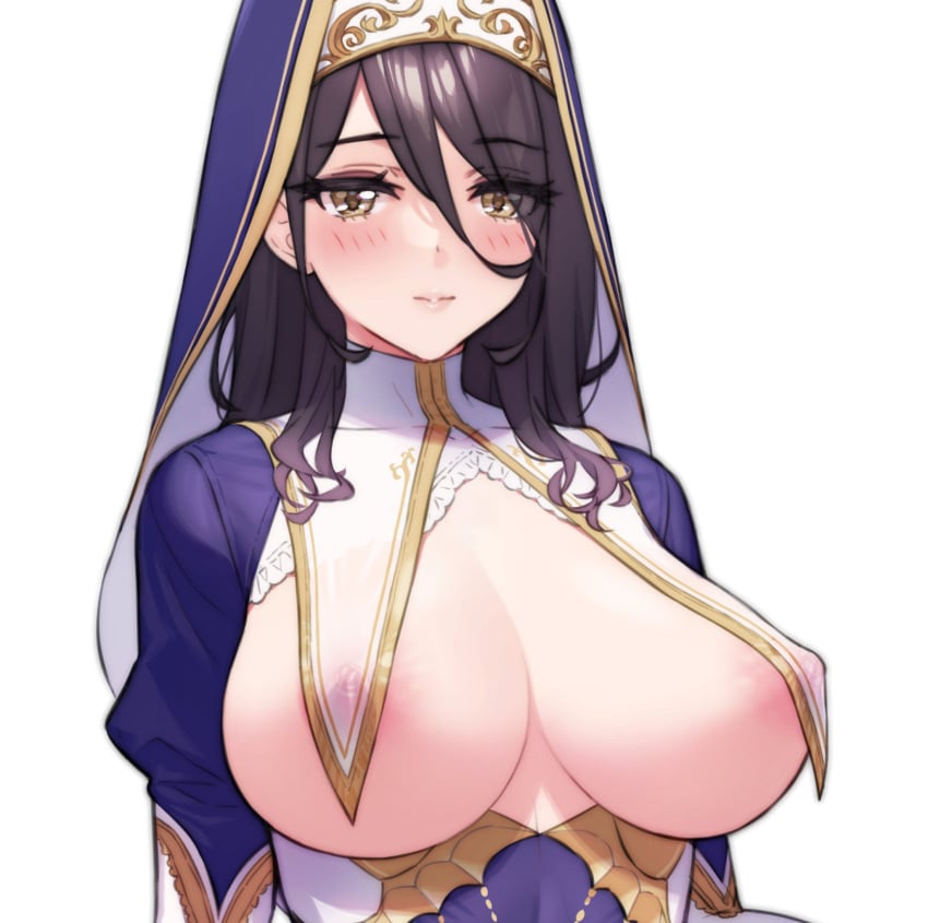 areola_slip black_hair blush breast_curtains breasts brown_eyes covered_nipples detached_collar dress female hair_between_eyes highres large_breasts lips long_hair looking_at_viewer nun ogre_(illustogre) original original_character simple_background solo upper_body veil white_background