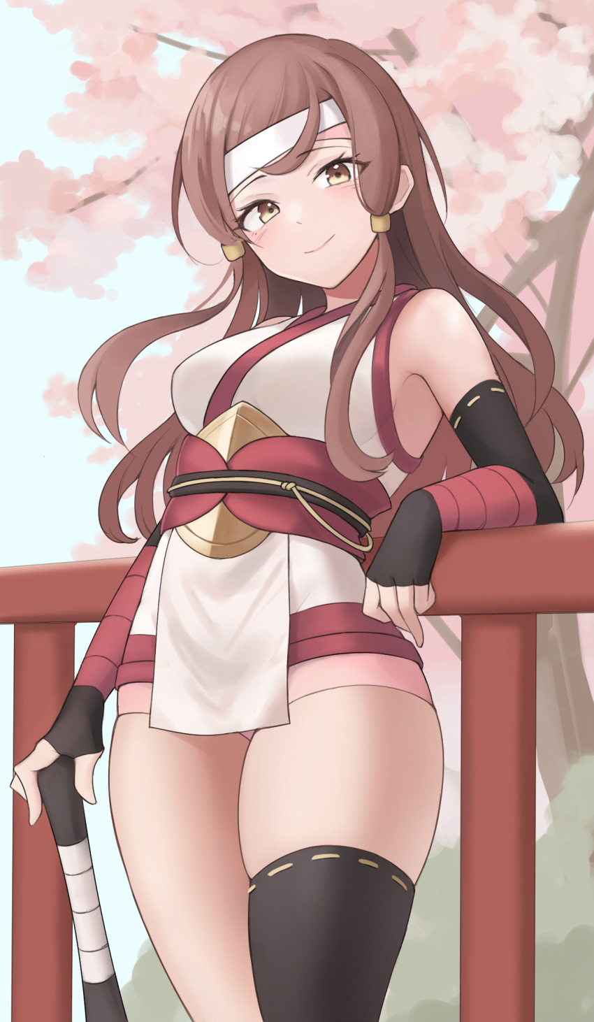 1girls alternate_costume armpits aura_(aurapls) bare_shoulders bare_thighs black_gloves black_thighhighs brown_eyes brown_hair closed_mouth cowboy_shot elbow_gloves female female_only fingerless_gloves fire_emblem fire_emblem_fates fire_emblem_heroes gloves hana_(fire_emblem) headband highres long_hair looking_at_viewer ninja nintendo obi official_alternate_costume sash shirt single_thighhigh skindentation sleeveless sleeveless_shirt smile solo standing thighhighs thighs white_shirt