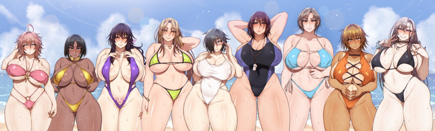 6+girls 9girls akira_kugamachi anko_nekura bikini cleavage curvaceous_figure dark-skinned_female enormous_breasts freckles glasses goth_girl hiyori_namikawa huge_breasts iroha_akutsu kanna_busujima korotsuke lineup looking_at_viewer massive_breasts messy_hair milf mira_sahar_lilush momoe_nekura multiple_females multiple_girls naomi_tokunaga original original_characters pale-skinned_female pink_hair plump reika_akutsu summer tan_lines teacher the_creepy_glasses_girl thick_thighs tight_fit voluptuous