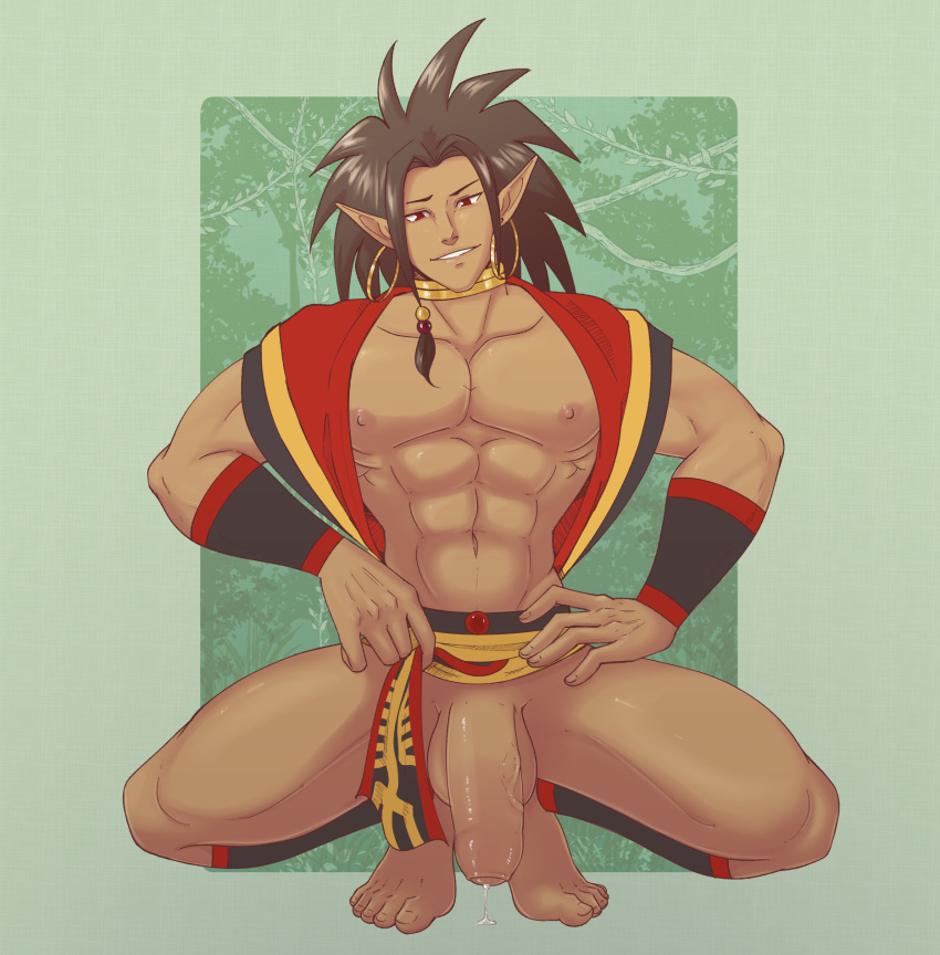 1boy abs alternate_version_available barefoot big_penis dark_hair drawfag drawthread_request loincloth loincloth_aside loincloth_lift looking_at_viewer male male_only muscular_male pecs penis pointy_ears precum precum_drip presenting_penis red_loincloth samurai_shodown smile solo solo_male spiky_hair spread_legs squatting tagme tall_male tam_tam thick_penis tribal