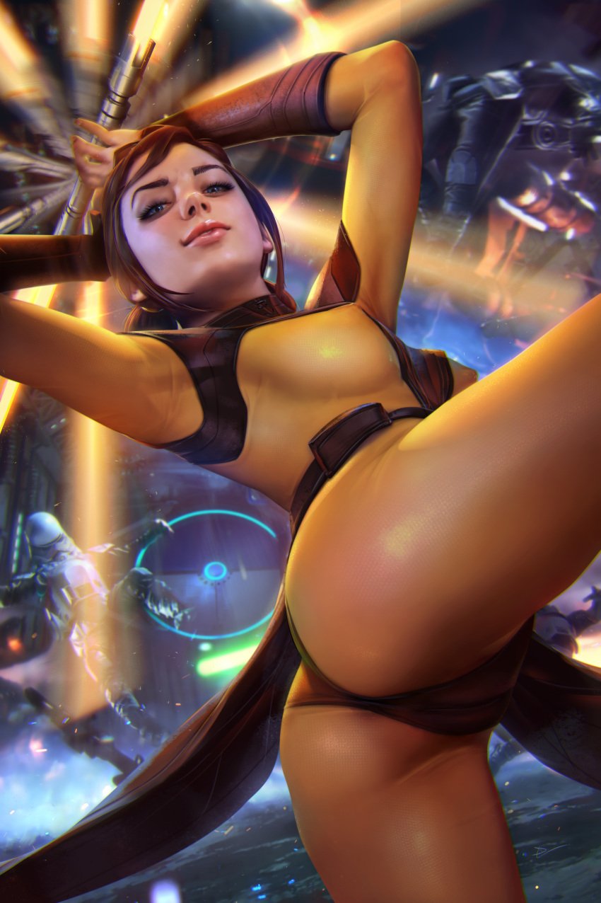 athletic_female bastila_shan blue_eyes bodysuit brown_hair cameltoe demonlorddante human jedi lightsaber looking_at_viewer looking_down nipples_visible_through_clothing realistic skin_tight smug star_wars stormtrooper yellow_lightsaber