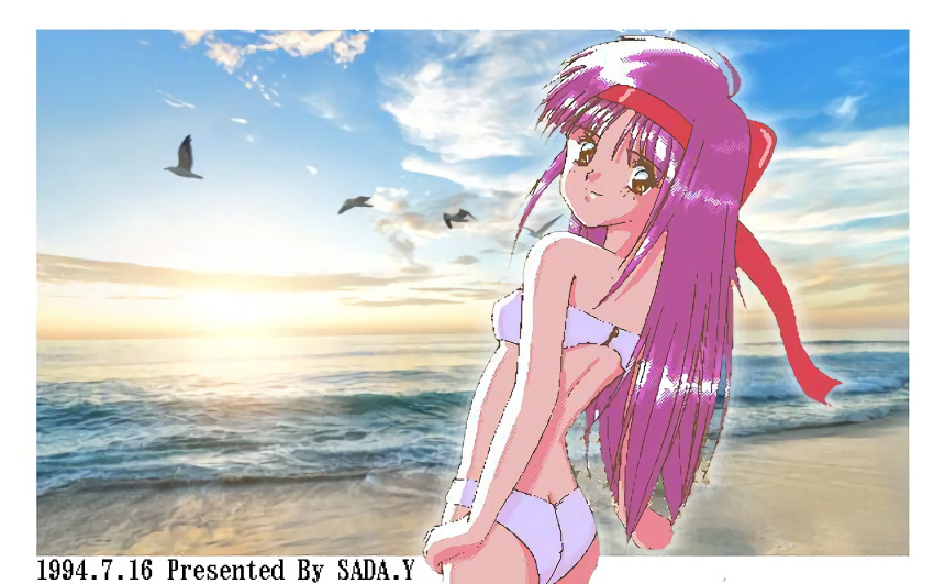 1990s 1994 1girls 20th_century ass ass_cleavage beach bikini breasts brown_eyes butt_crack dated edit female female_only hair_ribbon hand_on_hip highres long_hair looking_at_viewer looking_back nakoruru ocean pc-98_(style) pc98 purple_hair ribbon sada.y samurai_shodown small_breasts smile snk solo swimsuit water white_bikini