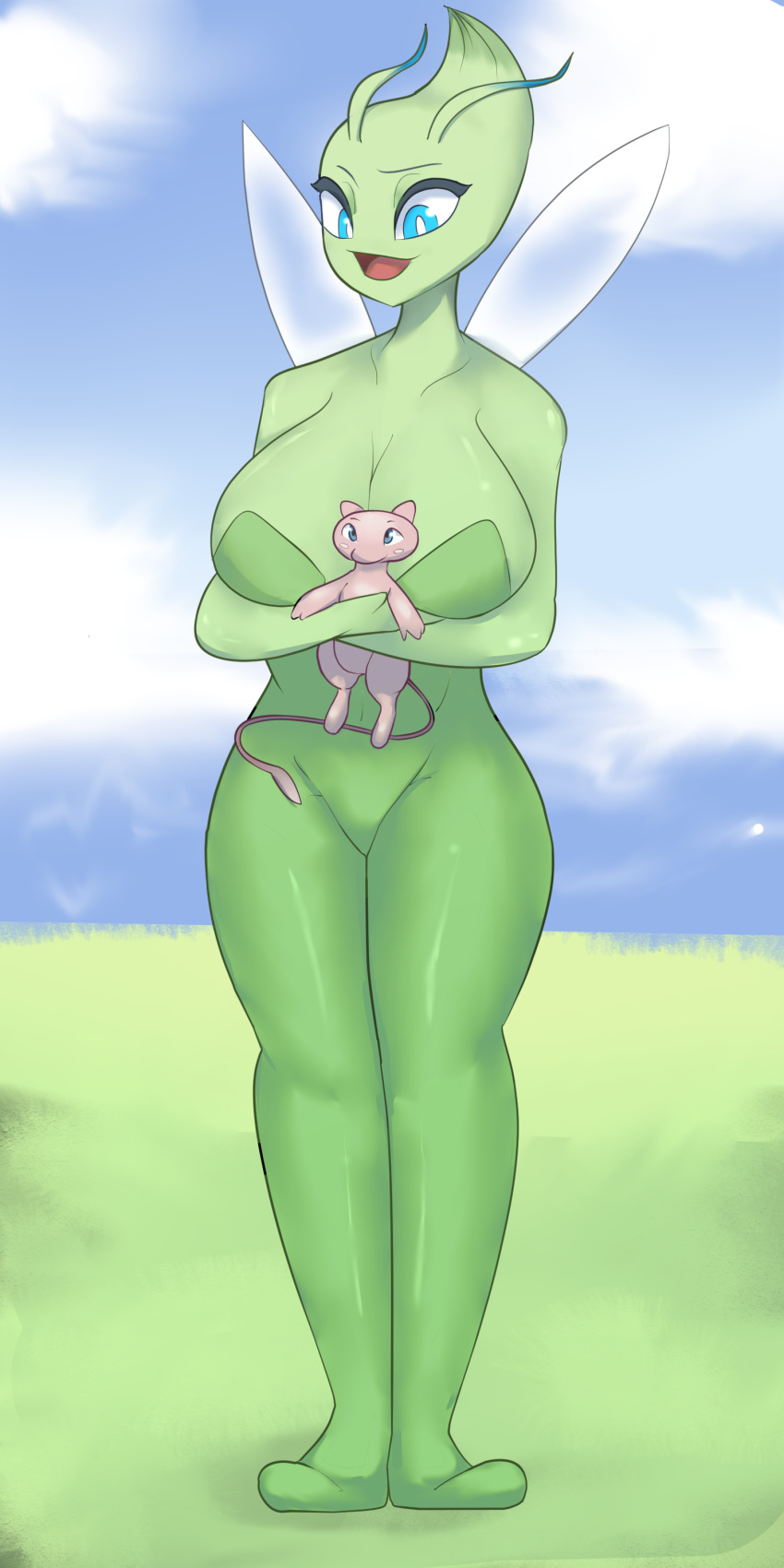 1:2 1girls ambiguous_gender anthro anthro_only anthrofied big_breasts blue_eyes breasts celebi female full_body green_body green_skin hips holding hourglass_figure humanoid large_breasts mew pink_body pink_skin pokemon pokemon_(species) standing straight_hair thick thick_thighs thighs tombozuka wide_hips