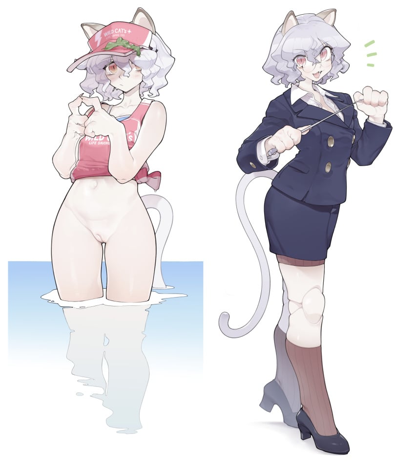 2girls aioi_u animal_ears blazer blush bottomless breasts cat_girl chimera_ant claws female female_only glasses hi_res humanoid hunter_x_hunter looking_at_viewer multiple_girls neferpitou nipples open_mouth pale-skinned_female pale_skin pussy pxym red_eyes shiny_skin short_hair shounen_jump shy skirt smiling swimsuit tail teacher thick_thighs vhfd villainess water white_background white_hair