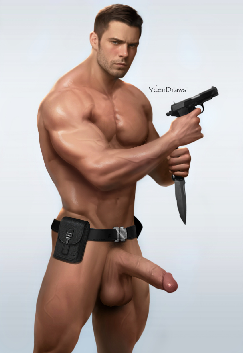 belt big_balls big_penis boner casual caucasian caucasian_male chris_redfield erect_penis erection fight_boner firearm gun handgun hard_on human knife light_skin looking_at_viewer male male_only muscles muscular muscular_male pale_skin proud_of_his_cock resident_evil tactical_nudity utility_belt veiny_penis weapon ydendraws