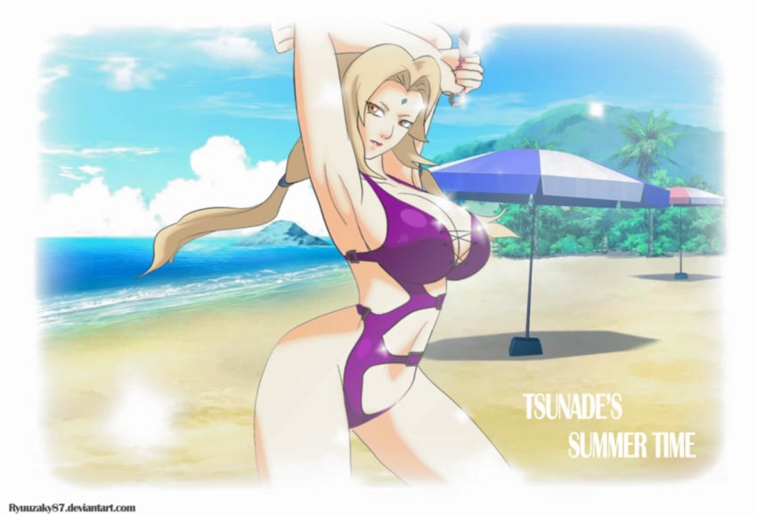 1girls arms_up beach big_breasts blonde_hair breasts brown_eyes center_opening female female_only forehead_jewel forehead_mark huge_breasts large_breasts lipstick makeup mature mature_female mature_woman naruto naruto_(classic) naruto_(series) naruto_shippuden ocean one-piece_swimsuit outdoors pink_lipstick purple_bikini revealing_swimsuit ryuuzaky87 shounen_jump skimpy skimpy_bikini solo solo_female solo_focus swimsuit tsunade voluptuous