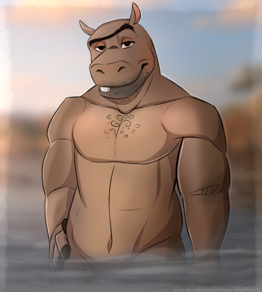 1boy anthro bigdiwolfy brown_body chunky double_eyebrows hippopotamus madagascar_(series) male male_only moto_moto muscular muscular_male red_eyes solo