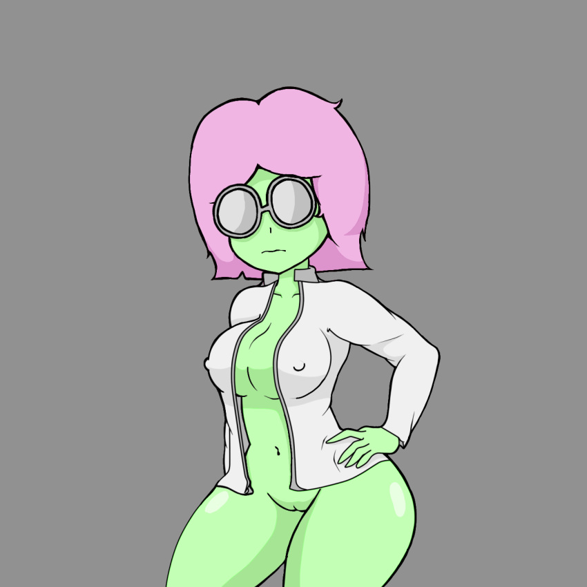 artist_request glasses green_skin grey_background nipples nipples_visible_through_clothing purple_hair roblox roblox_game scientist_(tower_heroes) short_hair source_request tagme tower_heroes