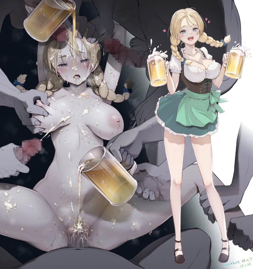 1girls alcohol alley barmaid beer before_and_after blonde_hair blue_eyes blush breast_squeeze bukkake dirndl gangbang nude_female pigtails pouring pouring_on_cock pov public questionable_consent saliva secretly_loves_it toruneko uniform