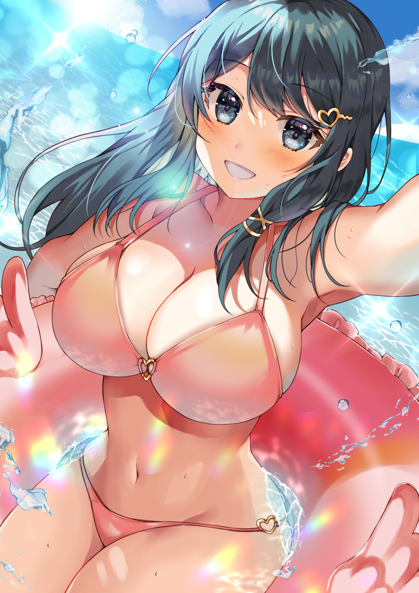 1girls alternate_costume bare_thighs bikini blue_eyes blue_hair breasts cleavage female female_only fire_emblem grin innertube large_breasts looking_at_viewer medium_hair nintendo ocean oribe_tsubasa outdoors pink_bikini pink_swimsuit selfie sitting smile solo swimsuit teal_eyes teal_hair thighs tokyo_mirage_sessions_#fe water yam_(yamap_mako)