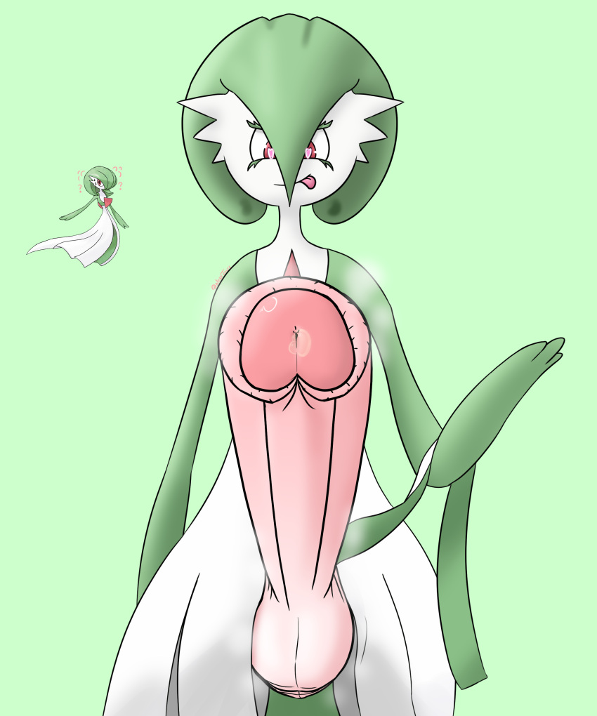 1futa 1girls big_penis confusion dress futanari gardevoir green_hair heart-shaped_pupils looking_at_viewer mating_season nerojules penis_close-up pokemon pokemon_(species) pov_eye_contact red_eyes skirt taker_pov weird_penis