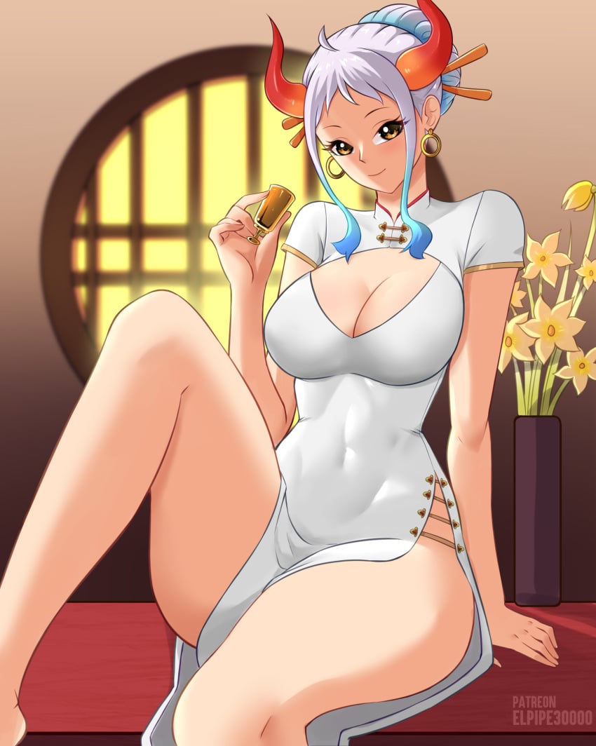 1girls bare_legs big_breasts blue_hair blush boob_window breasts brown_eyes china_dress chinese_clothes cleavage clothed clothing clothing_cutout covered_navel curvy dress drinking ear_piercing earrings elpipe3000 female female_focus female_only flower gradient_hair hair_bun hairpin hi_res highres hoop_earrings horn horned_humanoid horns humanoid large_breasts leg_up legs light-skinned_female light_skin long_hair looking_at_viewer multicolored_hair one_piece oni oni_horns pinup plump_thighs posing qipao revealing_clothes side_slit sidelocks simple_background sitting smile solo thick_thighs thighs two_tone_hair wano_country white_clothing white_hair wide_hips yamato_(one_piece) youkai