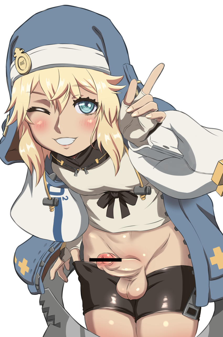 1boy balls blonde_hair blue_eyes bridget bridget_grin censor_bar censored erection eye_contact fingerless_gloves gloves guilty_gear guilty_gear_strive hood looking_at_viewer male male_only minishorts one_eye_closed penis shiny_clothes shorts shorts_down smile solo solo_male spandex_shorts testicles thighs tukesiru