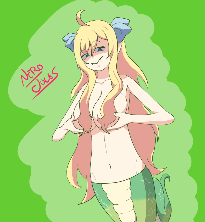 belly_button blonde_hair blue_eyes blue_ribbon hair_covering_breasts holding_breast holding_breasts jashin-chan jashin-chan_dropkick lamia naked nerojules nude smirk snake_girl