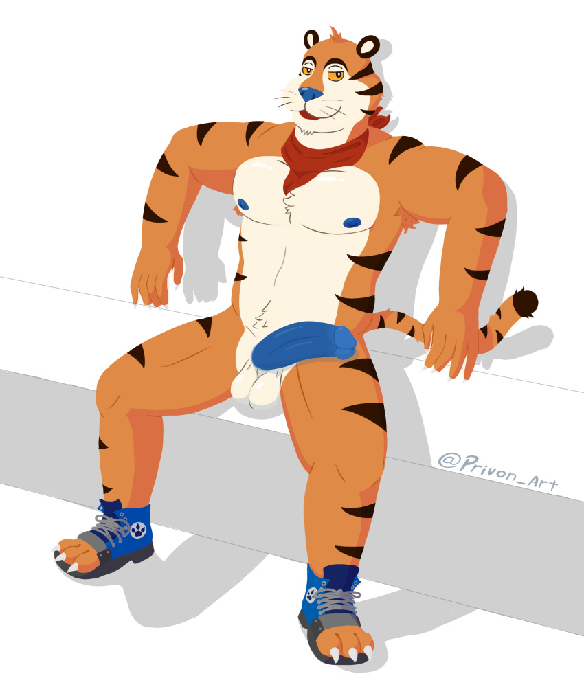 anthro armpit_hair balls bandana barazoku big_penis blue_nipples blue_penis body_hair clothing erection felid footwear frosted_flakes genitals hair hi_res humanoid kellogg's kerchief male male/male male_only mammal mascot muscular nipples pantherine pecs penis privon shoes simple_background smug solo stripes tiger tony_(disambiguation) tony_the_tiger white_background